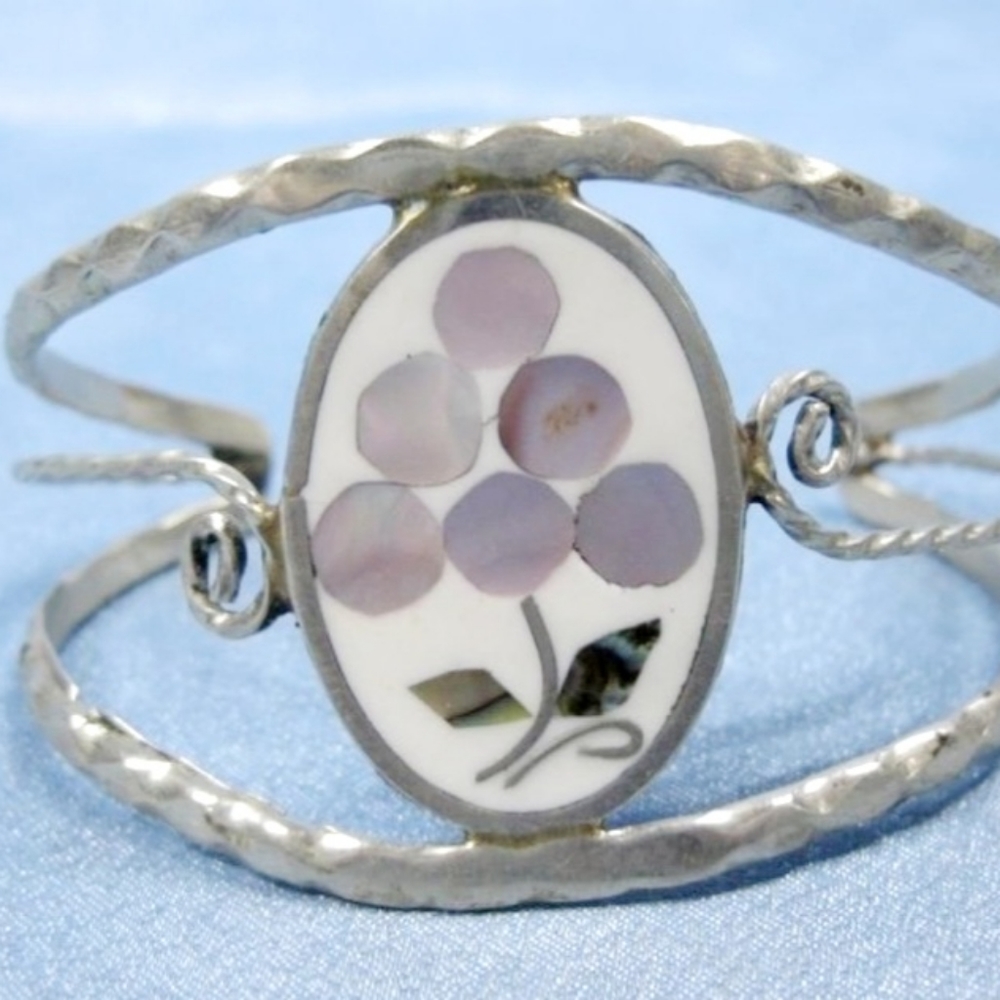Silver Tone Shell Inlay Cuff Bracelet